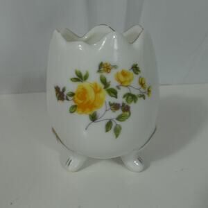Vintage White Footed Porcelain Egg Shaped Candle/Vase Holder Yellow Roses